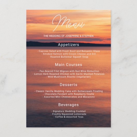 Oranje zonsondergang over Lake Water Meal Options  Menu (Voorkant)