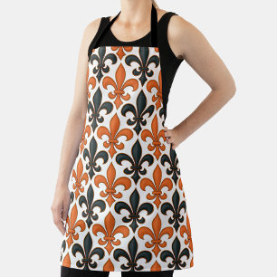 Oranje Zwart Barok Fleur-de-lis Patroon Ontwerp Schort