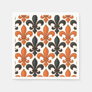 Oranje Zwart Barok Fleur-de-lis Patroon Ontwerp Servet
