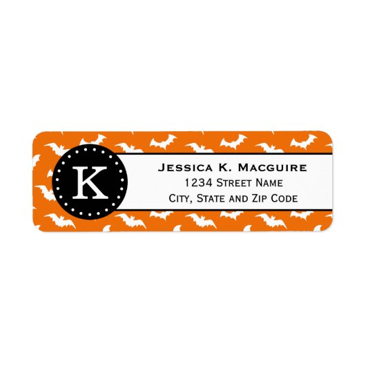Oranje zwart Bat Pattern Monogram Etiket (Voorkant)