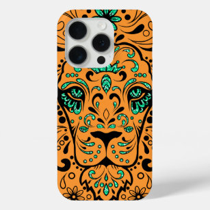 Oranje zwart en groen glitter lion iPhone 15 pro case