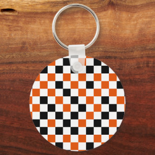 Oranje Zwart en Wit Geruit Sleutelhanger