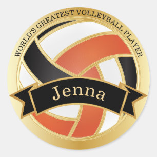 Oranje, zwart en wit volleybal   DIY-naam Ronde Sticker