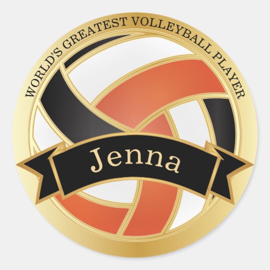 Oranje, zwart en wit volleybal | DIY-naam Ronde Sticker (Voorkant)