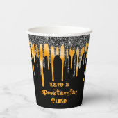 Oranje zwart glitter druppels gelukkig halloween papieren bekers (Achterkant)