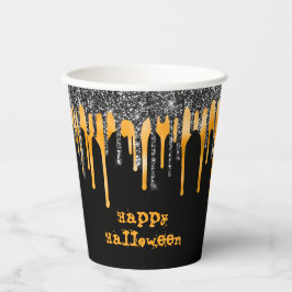 Oranje zwart glitter druppels gelukkig halloween papieren bekers