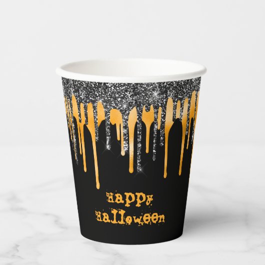 Oranje zwart glitter druppels gelukkig halloween papieren bekers (Voorkant)