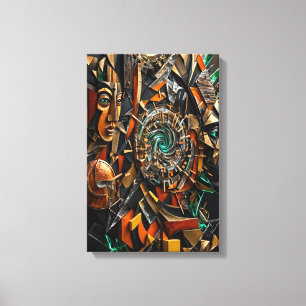 Oranje Zwart Goud Kubisme - 3D Sculpturale Gezicht Canvas Afdruk