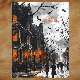 Oranje Zwart Griezelig Aquarel Gelukkig Halloween Feestdagenkaart