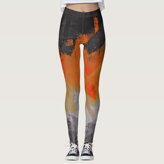 Oranje zwart grijs Abstract schilderen Leggings (Voorkant)