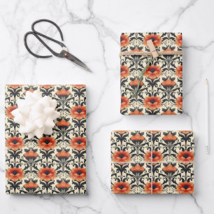 Oranje / Zwart / Grijs Art Nouveau bloemmotief Inpakpapier Vel