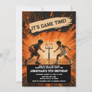 Oranje Zwart Grunge Basketbal Speltijd Verjaardag Kaart