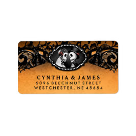 Oranje zwart Halloween Elegant Bruiloft Skeletten Etiket