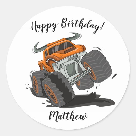 Oranje Zwart Jongens Monster Truck Naam Verjaardag Ronde Sticker (Voorkant)