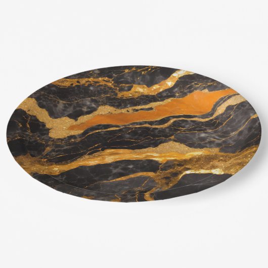 Oranje zwart marmeren patroon met goud papieren bordje (Gekanteld)