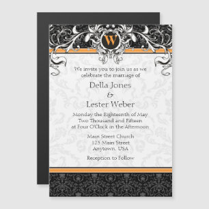 Oranje zwart monogram Magnetic Wedding Invitation Magnetische Uitnodiging