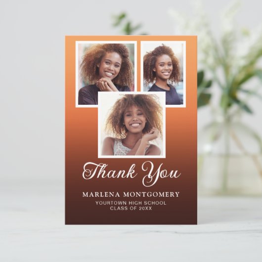 Oranje zwart ombre Afstuderen 4 foto dank u Bedankkaart (Staand voorkant)