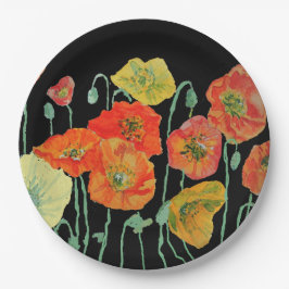Oranje zwart papaver blauw bloempatroon papieren bordje