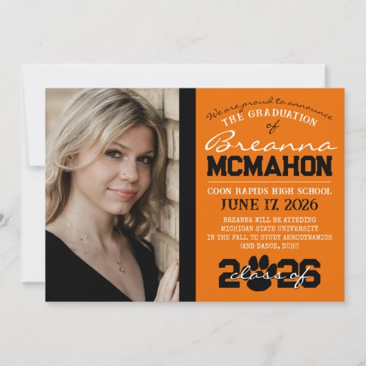 Oranje & Zwart Paw Print Afstuderen Aankondiging (Voorkant)