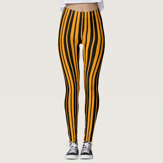 Oranje zwart verticaal stripes patroonontwerp leggings (Voorkant)