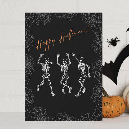 Oranje Zwart Wit Dansende Skeletten Halloween Feestdagenkaart