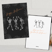 Oranje Zwart Wit Dansende Skeletten Halloween Feestdagenkaart