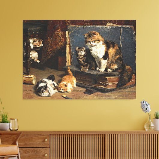 Oranje zwart-wit kat met Kittens Canvas Afdruk (Insitu (Woonkamer))