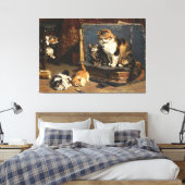 Oranje zwart-wit kat met Kittens Canvas Afdruk (Insitu (Slaapkamer))