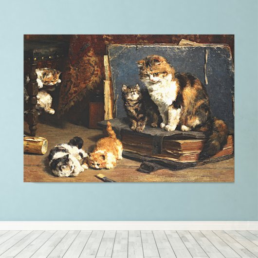  Oranje zwart-wit kat met Kittens Canvas Afdruk (Insitu (Houten vloer))