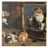  Oranje zwart-wit kat met Kittens Tegeltje (Voorkant)