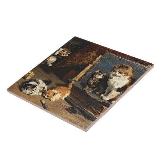  Oranje zwart-wit kat met Kittens Tegeltje (Zijkant)