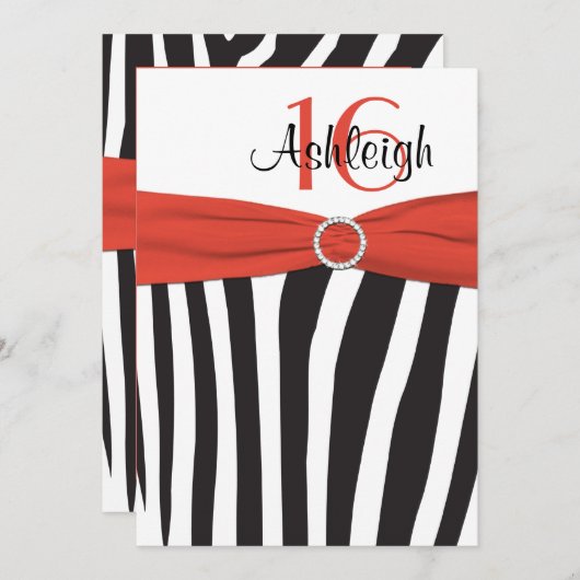 Oranje, zwart, wit Zebra, 16e verjaardag Uitnodigi Kaart (Voorkant / Achterkant)