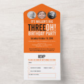 Oranje zwarte 30e Verjaardag feest aangepaste foto All In One Uitnodiging (Binnen)