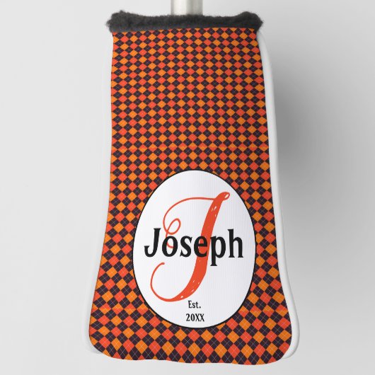 Oranje Zwarte Argyle Monogram Golfers Favoriet Golfheadcover (Draai 90)