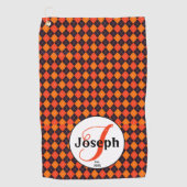 Oranje Zwarte Argyle Monogram Golfspeelsters Favor Golfhanddoek (Voorkant)