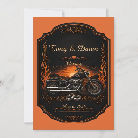 Oranje Zwarte Biker Bruiloft Motorfiets Kaart (Voorkant)