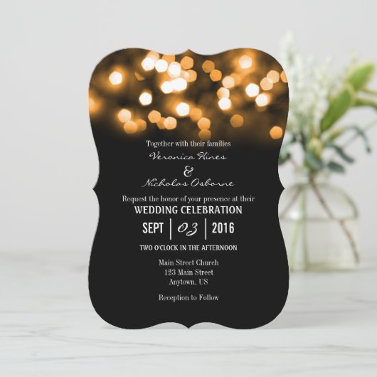 Oranje zwarte Bokeh Glitter Lights Wedding Invites Kaart (Staand voorkant)