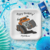 Oranje zwarte boys' Monster Truck Name Birthday Papieren Bordje (Feest)