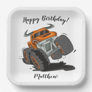 Oranje zwarte boys' Monster Truck Name Birthday Papieren Bordje