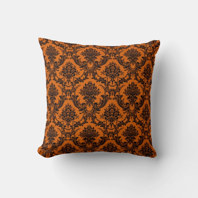 Oranje zwarte Damask   Halloween Kussen (Voorkant)