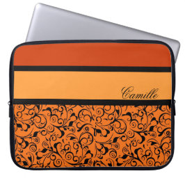 Oranje zwarte Damask Pattern stijlvolle laptophoes Laptop Sleeve