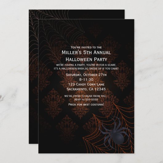 Oranje & Zwarte Damast Halloween Feest Uitnodiging (Voorkant / Achterkant)