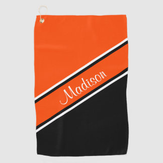 Oranje zwarte diagonaal Stripe Script-naam Golfhanddoek