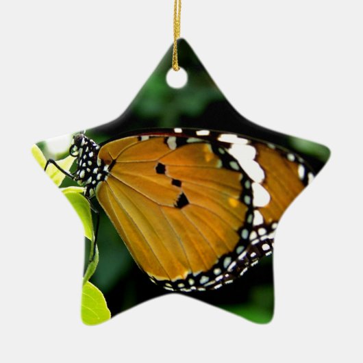 Oranje, zwarte en witte vlinder op leder keramisch ornament (Voorkant)