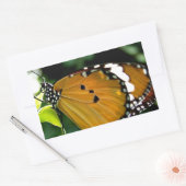 Oranje, zwarte en witte vlinder op leder rechthoekige sticker (Envelop)