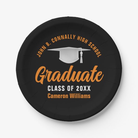 Oranje zwarte gepersonaliseerde afstudeerfeest papieren bordje (Voorkant)