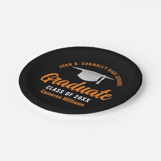 Oranje zwarte gepersonaliseerde afstudeerfeest papieren bordje (Gekanteld)