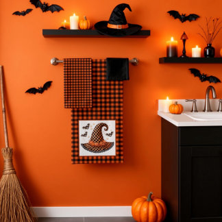 Oranje & Zwarte Gingham Halloween Heksenhoed & Vle Bad Handdoek