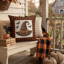 Oranje & Zwarte Gingham Halloween Heksenhoed & Vle