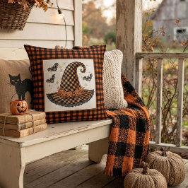 Oranje & Zwarte Gingham Halloween Heksenhoed & Vle Kussen